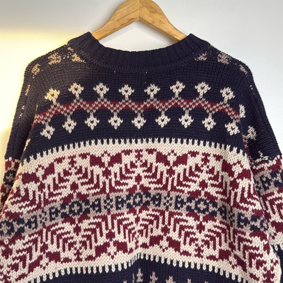 Vintage Sweater Men Large Navy Burgundy Cream 100% Wool Nordic FairIsle 90s Ski - Picture 9 of 16